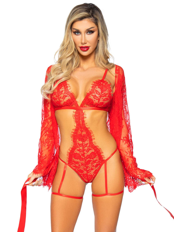 3 Pc Lace Teddy, Robe and Tie Red