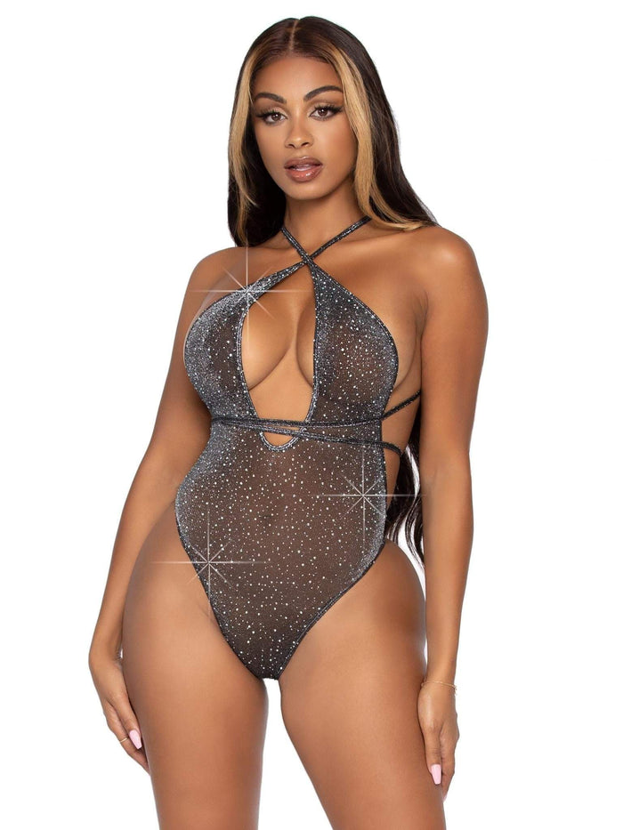 Lurex Rhinestone Teddy with Thong Back Silver - Model Express Vancouver