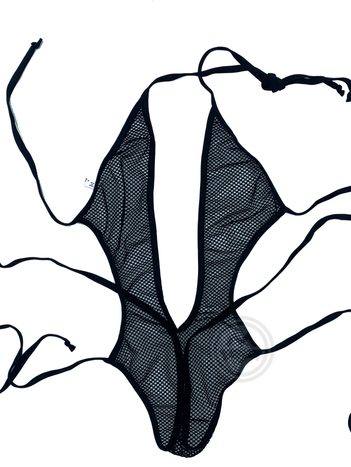 V-neck Fishnet Bodysuit with Ties - Black - Model Express Vancouver