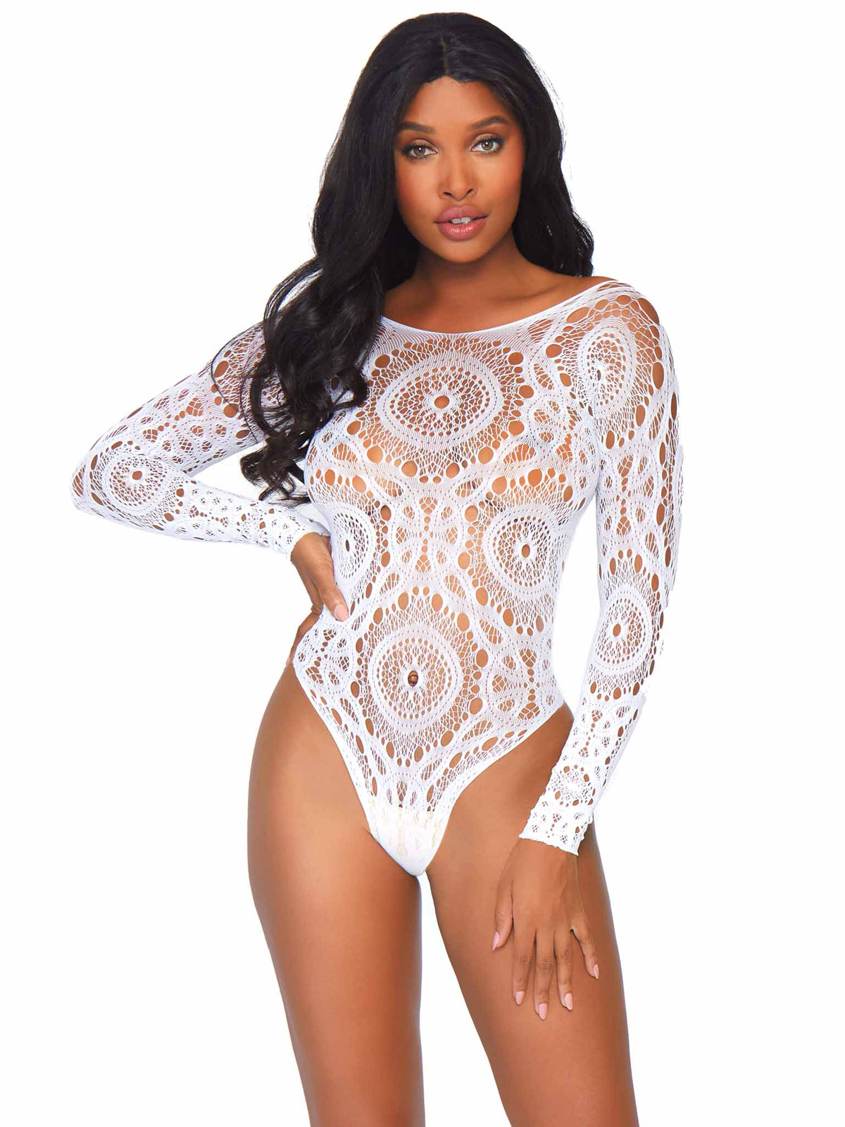Crochet Lace Long Sleeve Snap Crotch Teddy White - Model Express Vancouver