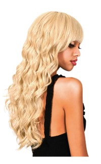 Extra Long Medium Curl Wig with Bangs - Tan Blonde - Model Express Vancouver