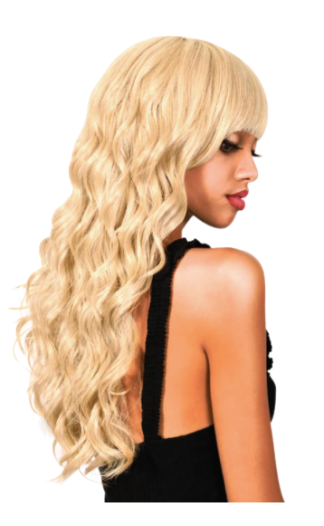 Extra Long Medium Curl Wig with Bangs - Tan Blonde - Model Express Vancouver