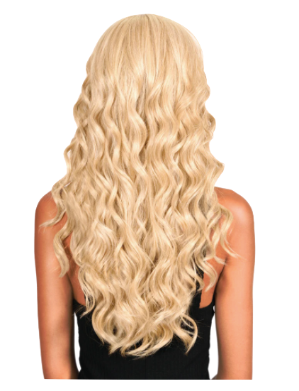 Extra Long Medium Curl Wig with Bangs - Ash Blonde - Model Express Vancouver