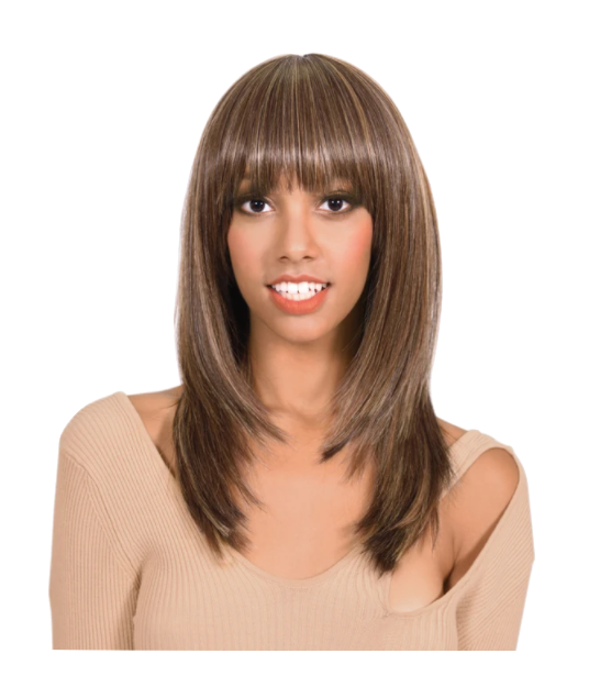 Medium Length Straight Wig with Bangs - Medium Brown/Honey Blonde - Model Express Vancouver