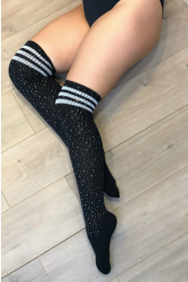 Stripe Thigh High Diamonte Socks - Black/White - Model Express Vancouver