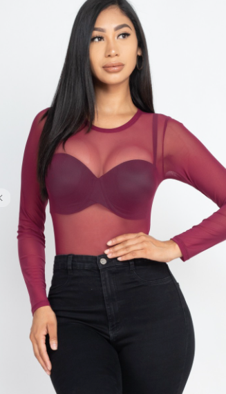 Sheer Long Sleeve Mesh Bodysuit - Burgundy - Model Express Vancouver