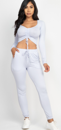 Long Sleeve Ruched Top and Pants Grey Blue - Model Express Vancouver