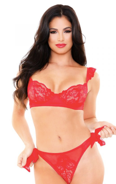 Underwired Lace Bra and Tie Panty Set Red