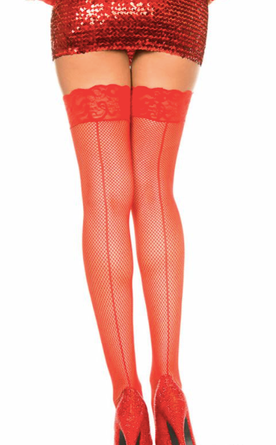 Backseam and Lace Top Fishnet Thigh Highs Red
