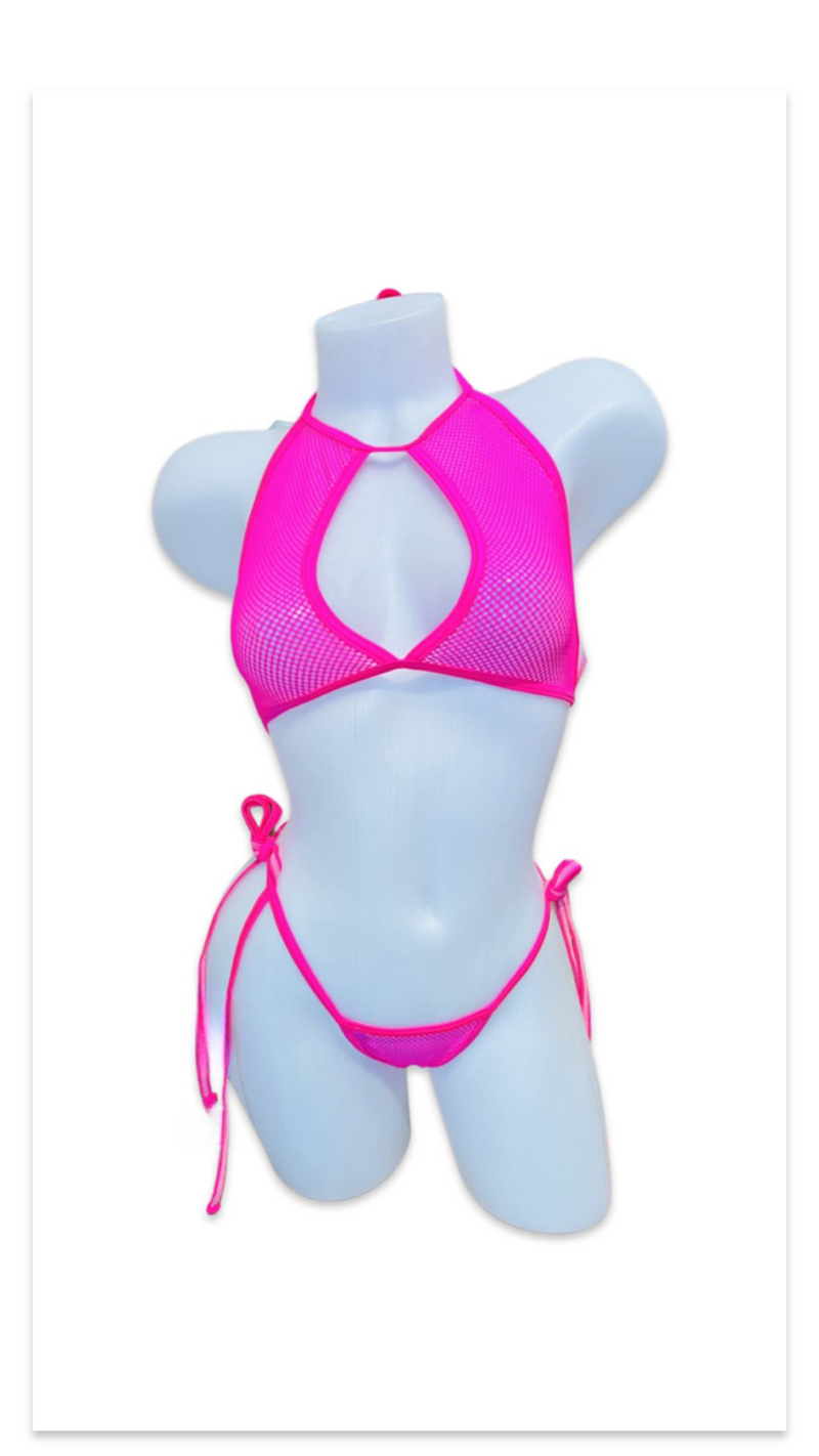 Fishnet Halter Bikini Set - Neon Pink