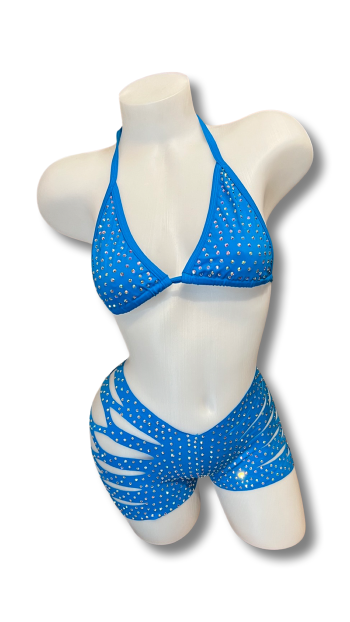 Rhinestone Triangle Top and Cut Out Short Set Turquoise