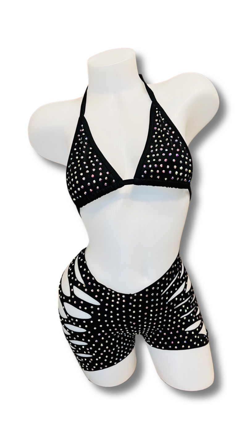 Rhinestone Triangle Top and Cut Out Short Set Black