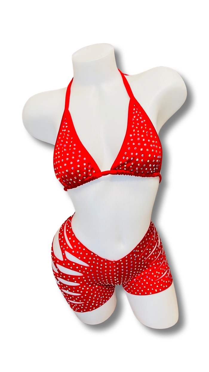 Rhinestone Triangle Top and Cut Out Short Set Red