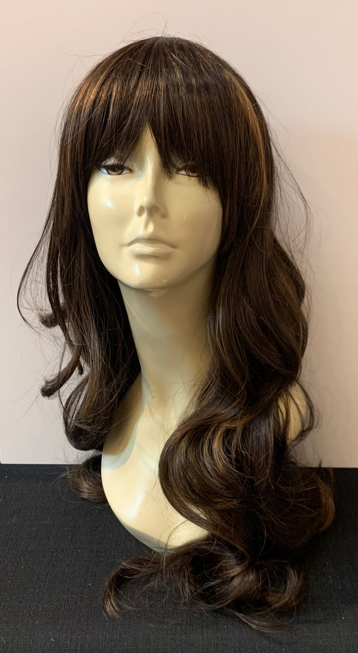 Long Loose Curl Wig with Bangs - Medium Brown/Honey Blonde - Model Express Vancouver