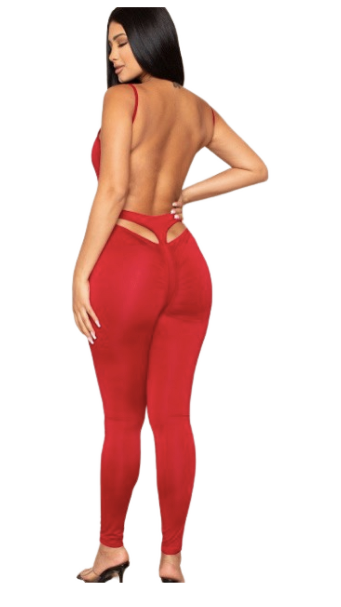 Open Back Jumpsuit with Thong Butt Detail Red