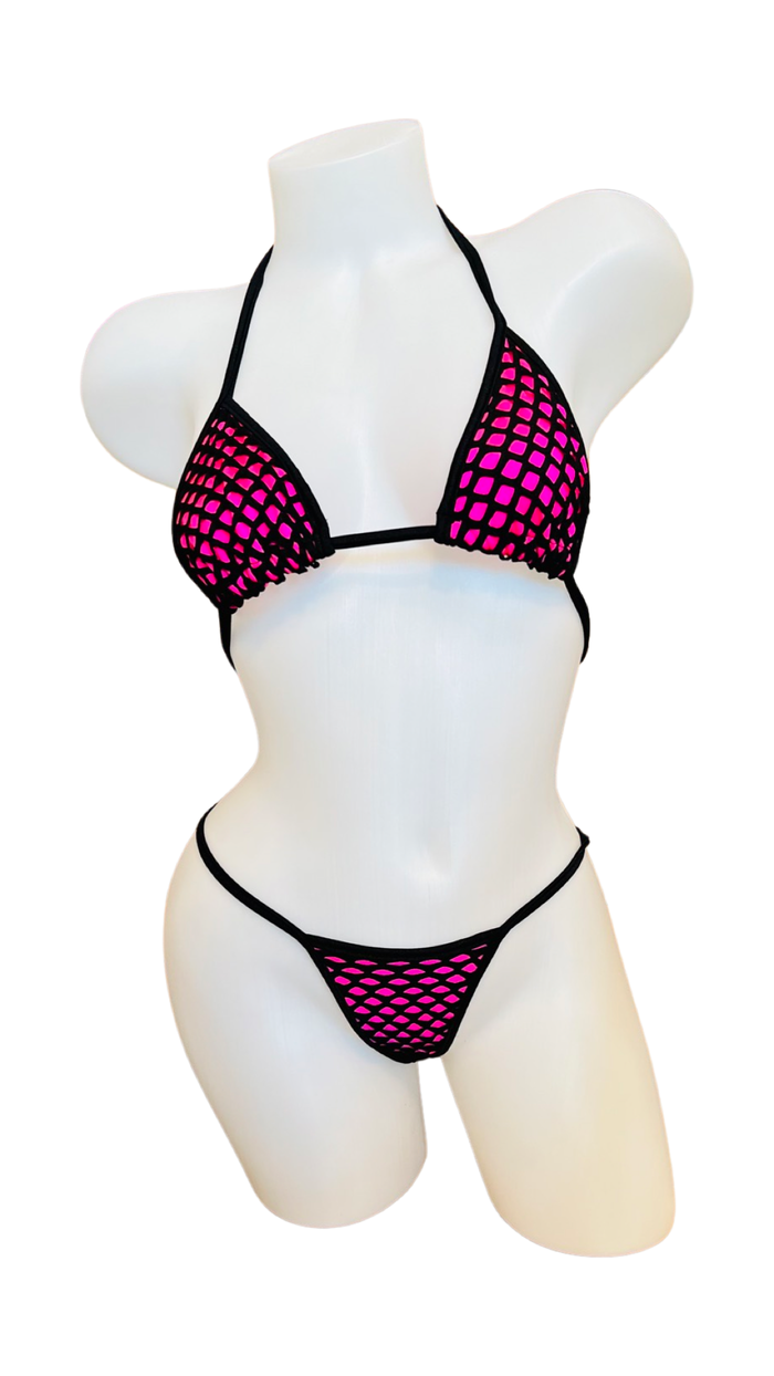 Two Tone Fishnet Bikini - Black/Pink
