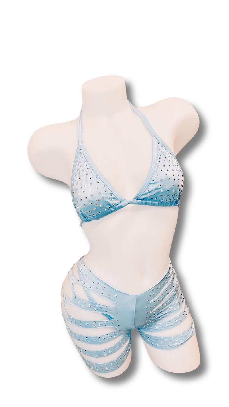 Rhinestone Triangle Top and Cut Out Short Set Baby Blue