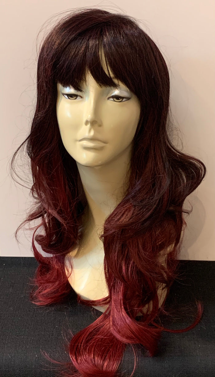 Long Loose Curl Wig with Bangs - Burgundy - Model Express Vancouver