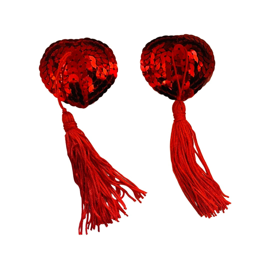 Red Sequence Heart Tassel Pasties - Model Express Vancouver