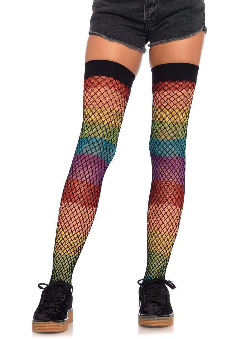 Rainbow Thigh Highs with Fishnet Overlay - Model Express Vancouver