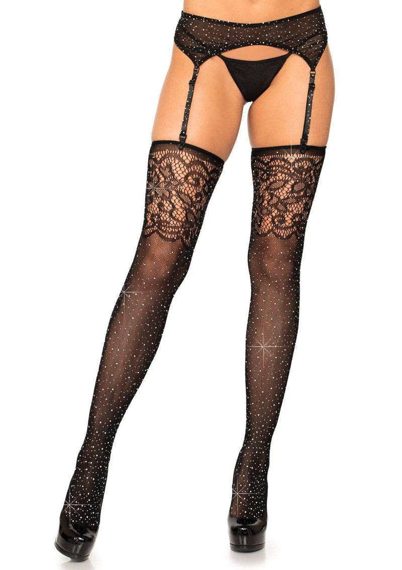 Rhinestone Fishnet Stockings with Jacquard Lace Top Black - Model Express Vancouver